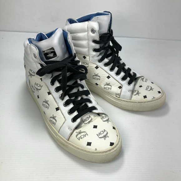 MCM Black White Leather Laced High Top Sneakers